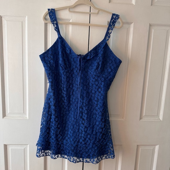 NWT LuLu’s Royal Blue Floral Appliqué Overlay Summer Mini Dress - Picture 2 of 4